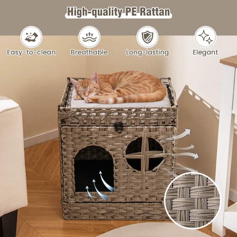 Costway Foldable 2-tier Rattan Cat Litter Box Enclosure with Litter - See Details