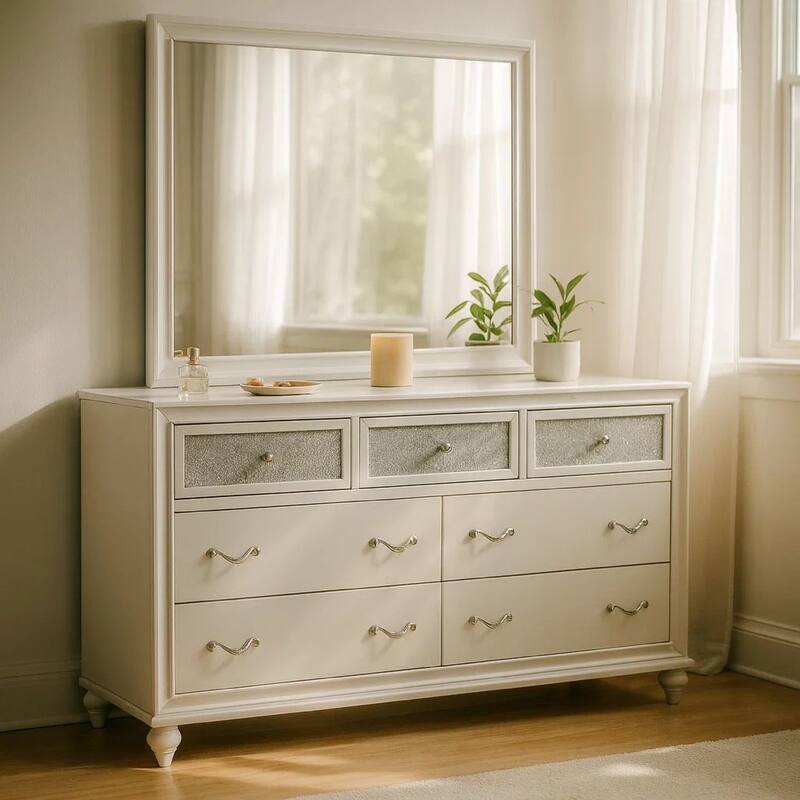 Dini Wide Dresser with Mirror, Glitter-Accented 7 Drawers, White Wood