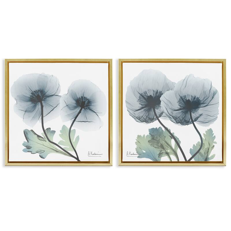 Stupell Luminous Sapphire Florals Framed Floater Canvas Wall Art Design By Albert Koetsier (Set of 2) - 18 x 18 - Gold