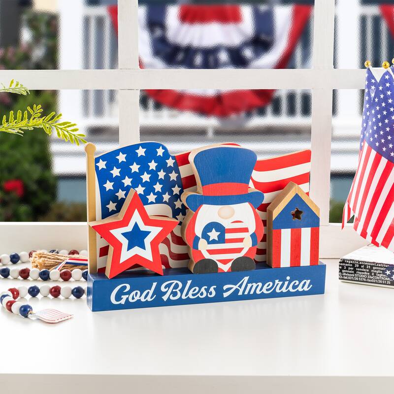 Glitzhome 11.75"L Patriotic/ Americana Wooden Block Table Decor