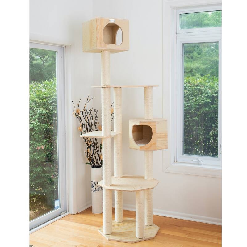 Real Wood Premium Scots Pine 85-Inch Cat Tree with Five Levels, Two Condos - Natural Beige - Natural Beige