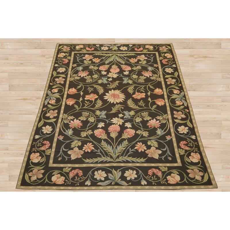 6x9 Hand Woven Flatweave Wool Brown Needlepoint Asmara Traditional Botanical Rug - 6' x 9'