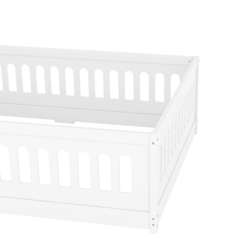Full Size Montessori Floor Bed with Safety Guardrails & Door - Solid Wood Frame