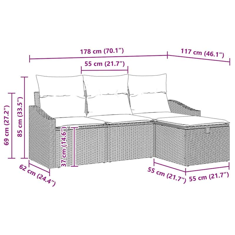 vidaXL 4 Garden Sofa Set with Cushions Black/Brown/Grey Poly Rattan - 70.1 x 46.1 x 27.2
