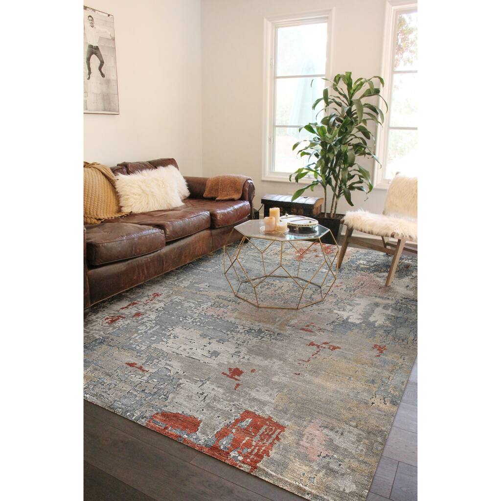 EXQUISITE RUGS Laureno Hand-knotted Bamboo Silk Blue/Multi Area Rug.