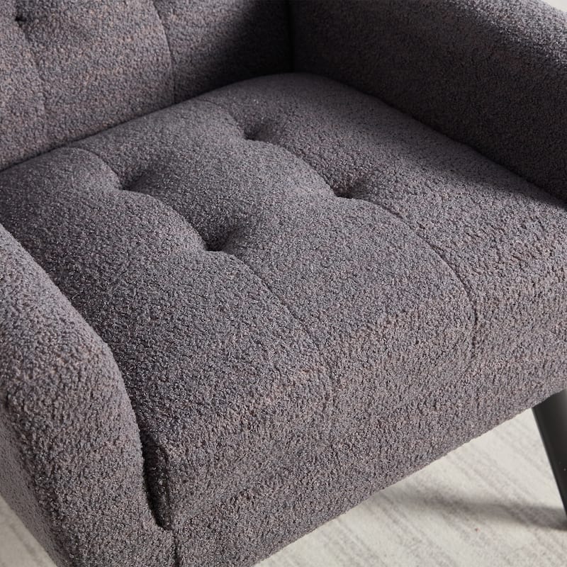 Grey Teddy Modern 29.53" Upholstered Buttons Tufted Accent Chair with Black Solid Wood Legs
