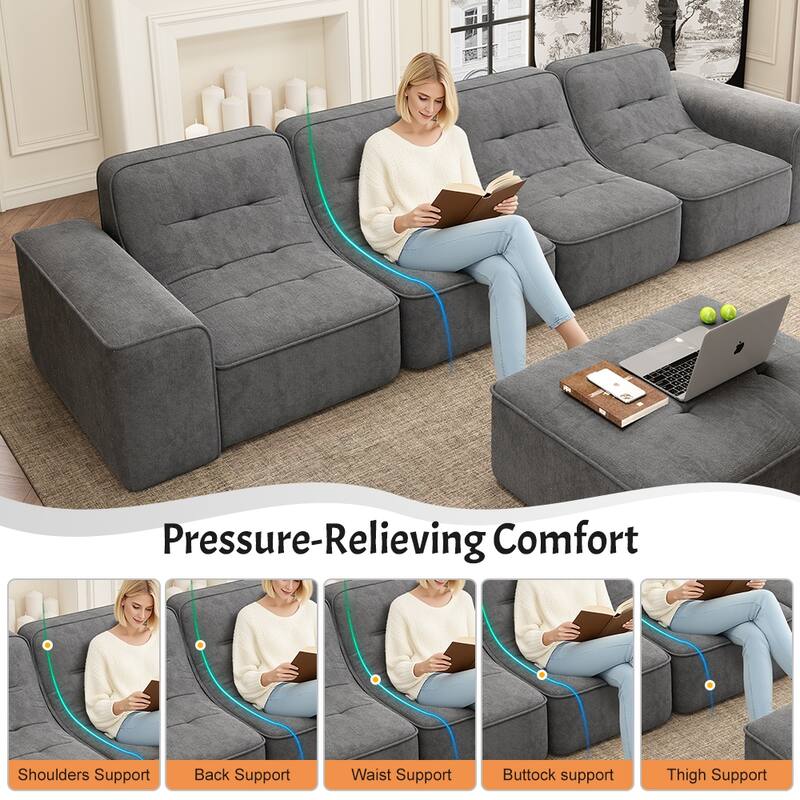 GDFStudio - Modern 143.7" Tufted Chenille Upholstered Modular Sectional Sofa Set with Removable Ottoman & Ergonomic Design