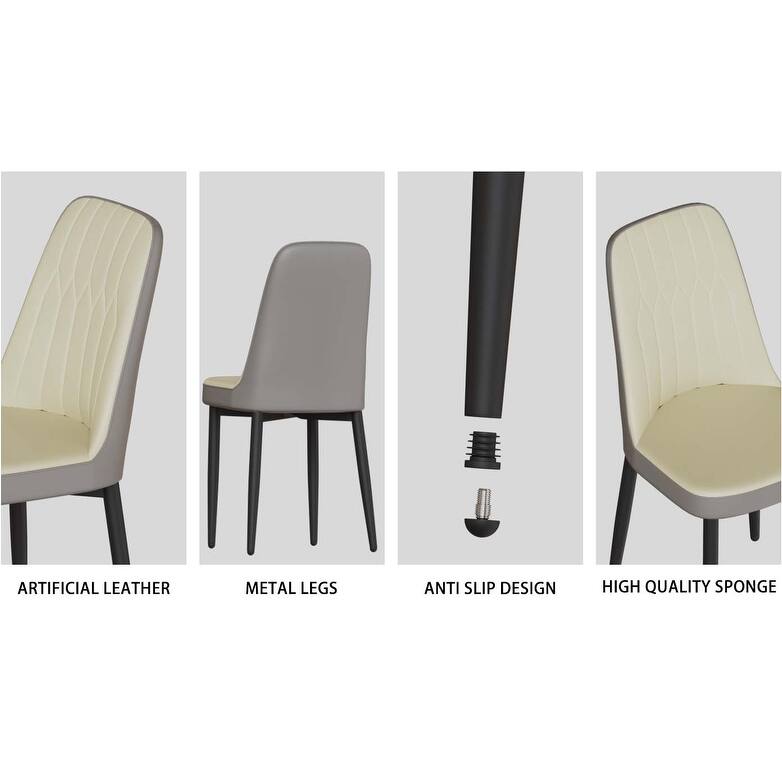 63" medieval modern cream style MDF dining table and PU dining chair set 6, Assemble Desktop and metal leg dining chair set