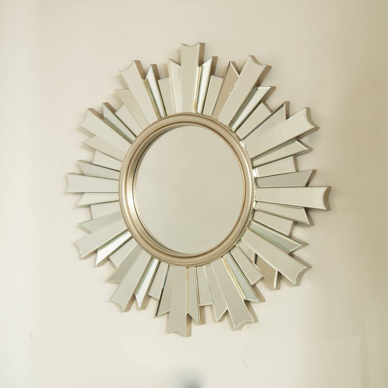 HenGis Sunburst-Shape PU Art Decorative Mirror - Wall-Mounted, Bathroom, Bedroom - Silver