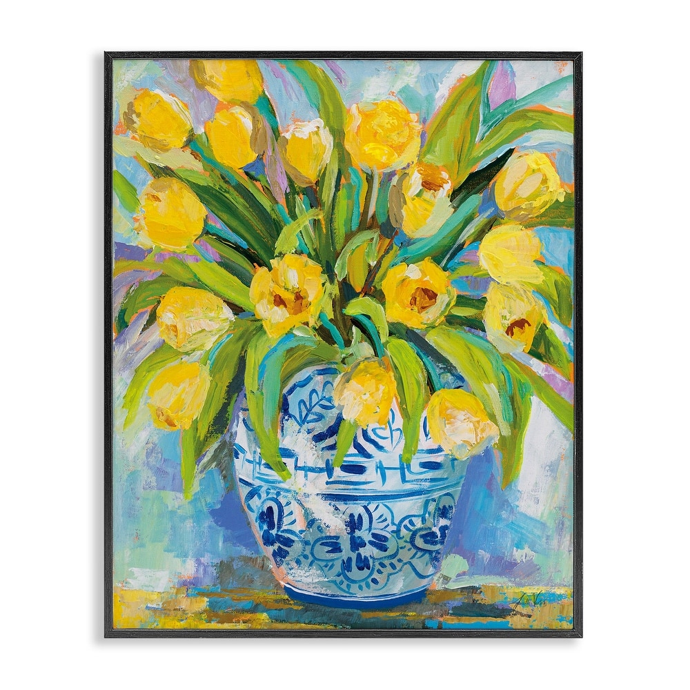 Stupell Expressive Yellow Tulips in Ornate Blue Vase Painting Framed Wall Art