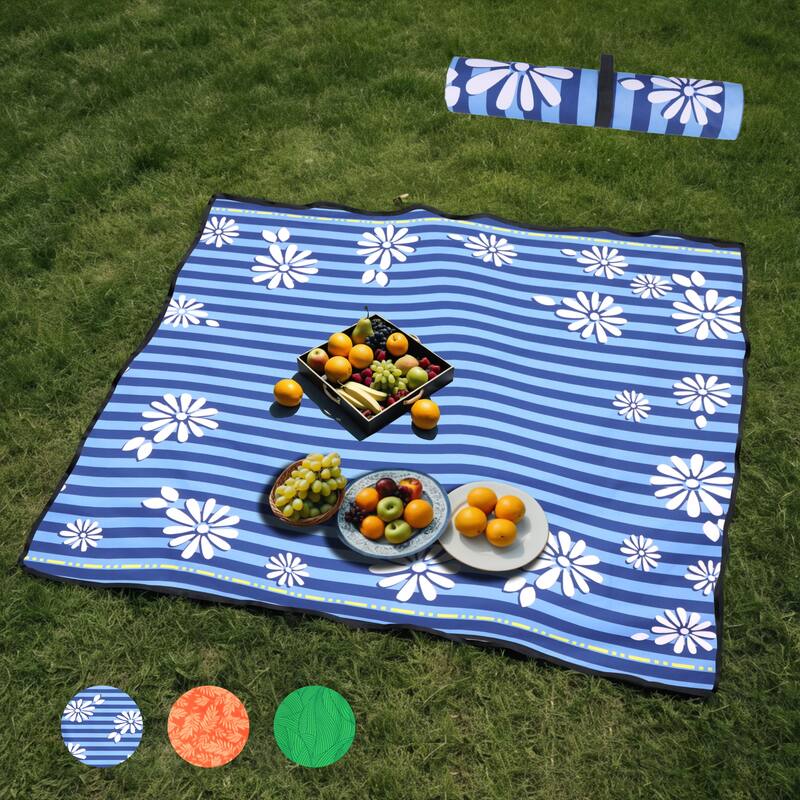 Heavy-Duty 480lb Folding Wagon with Bonus Picnic Mat - All-Terrain Wheels, Drink Holders & Brakes, Blue Print