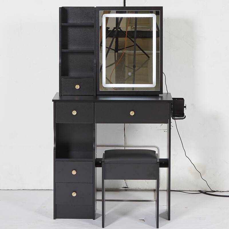 29.2" Small Size Left Drawer Desktop Vanity Table + Cushioned Stool, 2 AC+2 USB Power Station, Hair dryer bracket