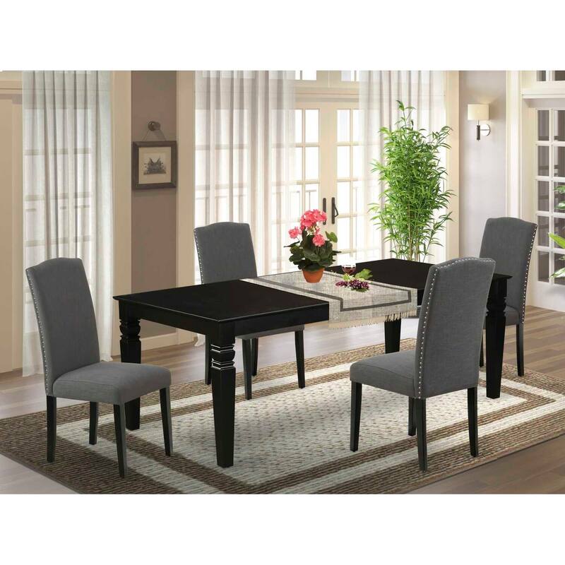 Rectangular Dining Set - 66/84 Inch Table with Leaf & 4 Parsons Chairs - Dark Gotham Grey Linen Fabric