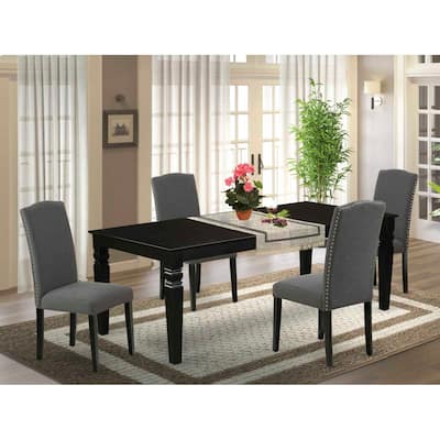 Rectangular Dining Set - 66/84 Inch Table with Leaf & 4 Parsons Chairs - Dark Gotham Grey Linen Fabric