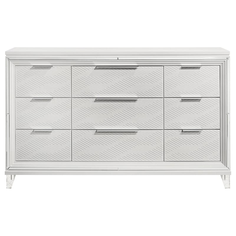 Mory Wide Dresser, 9 Drawers, Embossed Herringbone Pattern, White