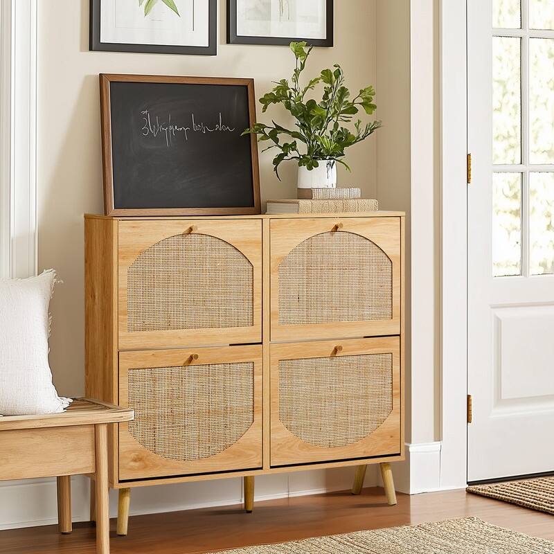 Rattan Shoe Cabinet with 2 / 4 Flip Drawers, Narrow Shoe Storage Cabinet,Organizer for Entryway, Bedroom, Living Room - Natural - 4-drawer