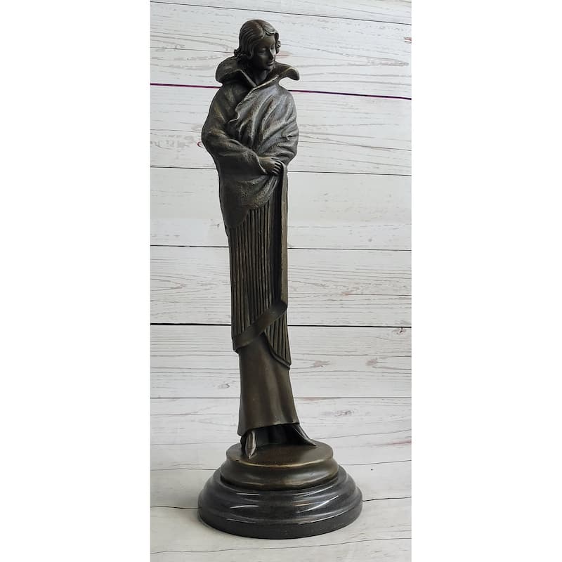 Art Deco Young Woman With Long Jacket Bronze Sculpture Marble Base Figurine 16 Inches X 5 Inches