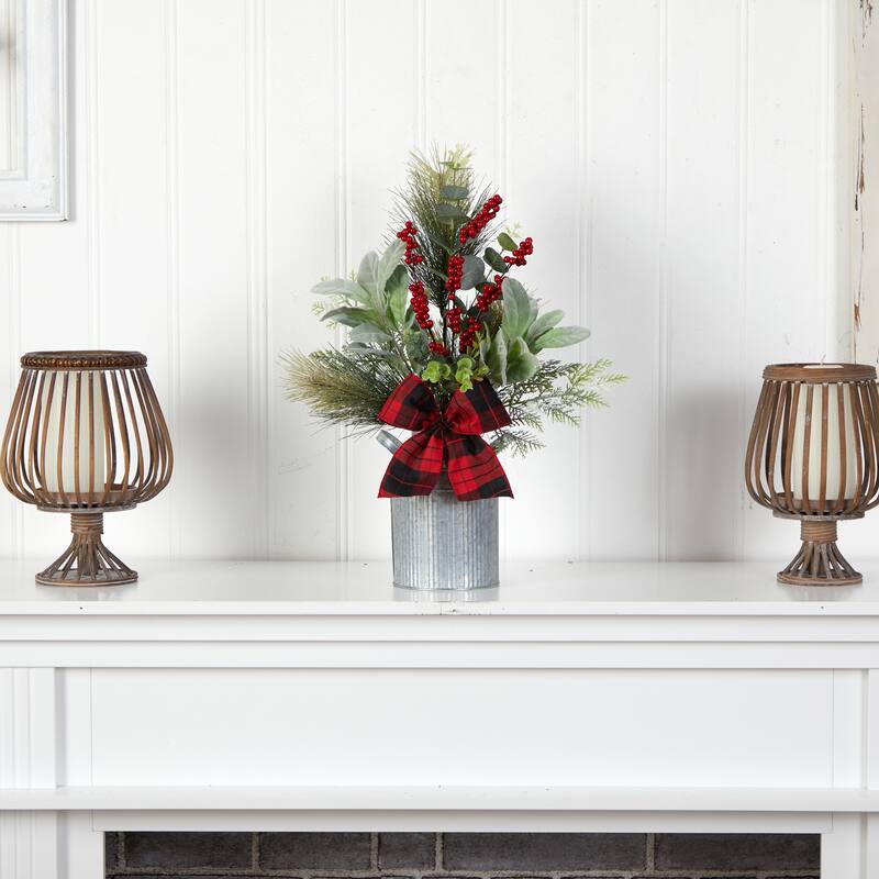 20" Holiday Winter Greenery, Pinecone and Berries with Buffalo Plaid Bow Artificial Christmas Table Arrangement - 20