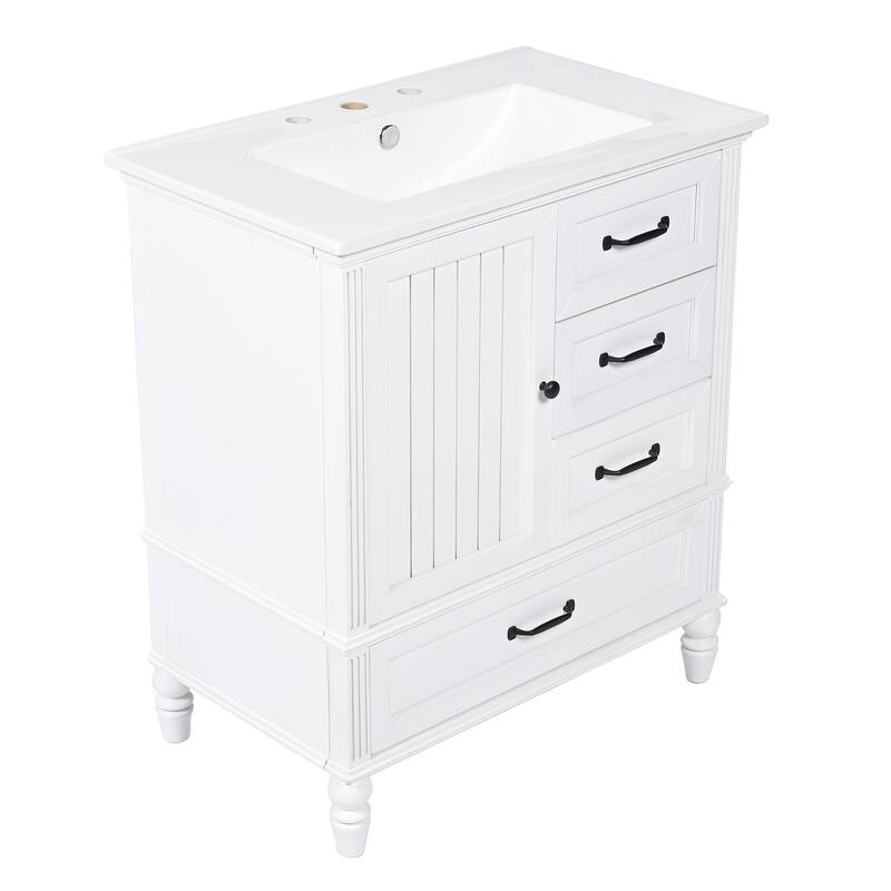 Roomfitters 30" Bathroom Vanity with Integrated Ceramic Sink, Solid Wood Frame and 3-Drawer Storage