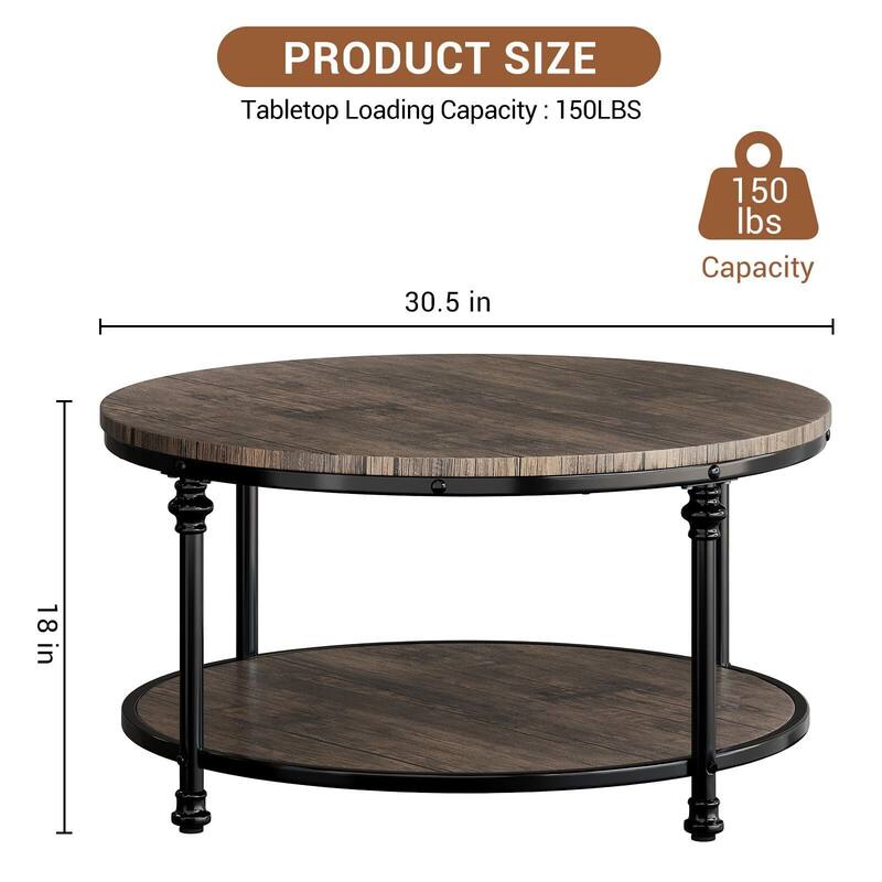 Round Coffee Table, 2 Tier Wooden Coffee Table with Storage, Farmhouse Center Tables