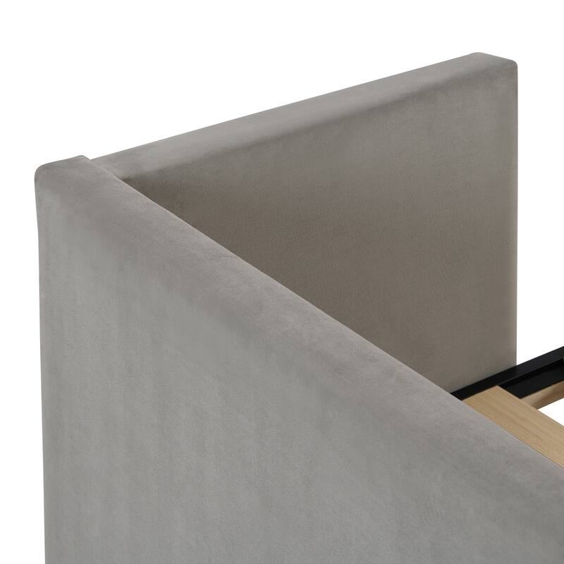 Grey Twin Daybed with Upholstered Finish and Pop-Up Trundle - No Box Spring Required