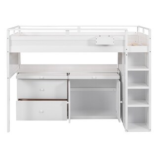Wood Twin Loft Bed with Rolling Cabinet, Desk & Drawers, Versatile Loftbed Frame with Super Storage Space-No Box Spring Needed