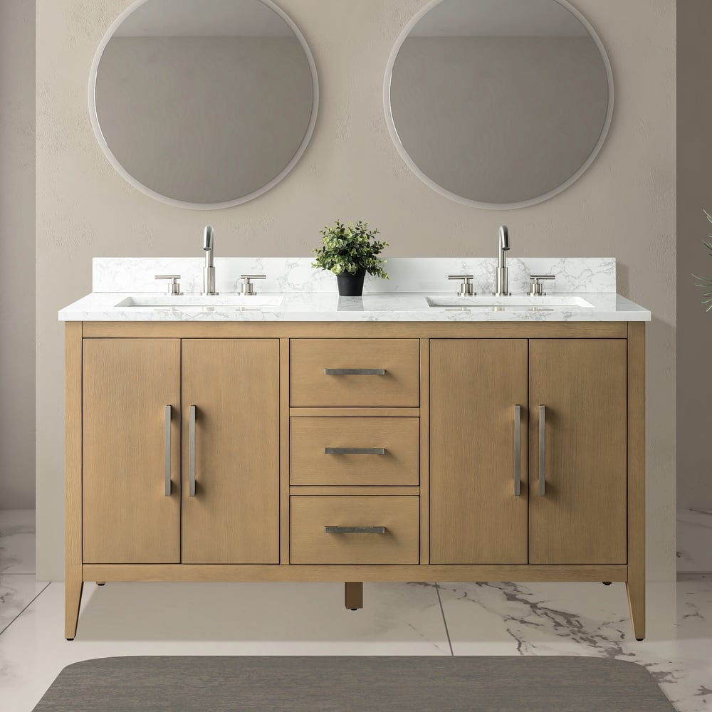 Vanity Art 60" Double Sink Bathroom Vanity Cabinet with Engineered Marble Top