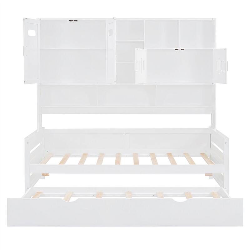Wooden Daybed with Twin Size Trundle and All-in-One Cabinet, Twin/Full Size Daybed Frame Sofa Bed with Storage Shelves