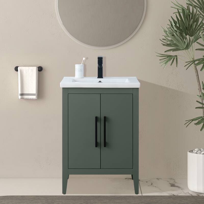 Vanity Art 20" or 24" or 30" Single Sink Bathroom Vanity Cabinet with Ceramic Top - 24"/Matte Black - Vintage Green