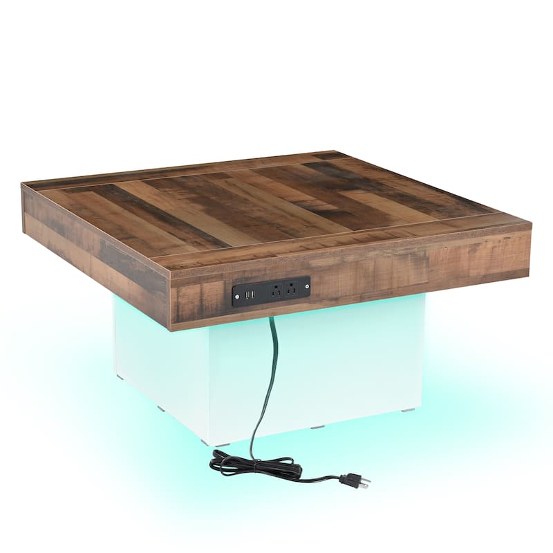 Roomfitters Square Farmhouse Coffee Table with Built-in Charging Station, Wood Grain Center Table with USB and Outlets