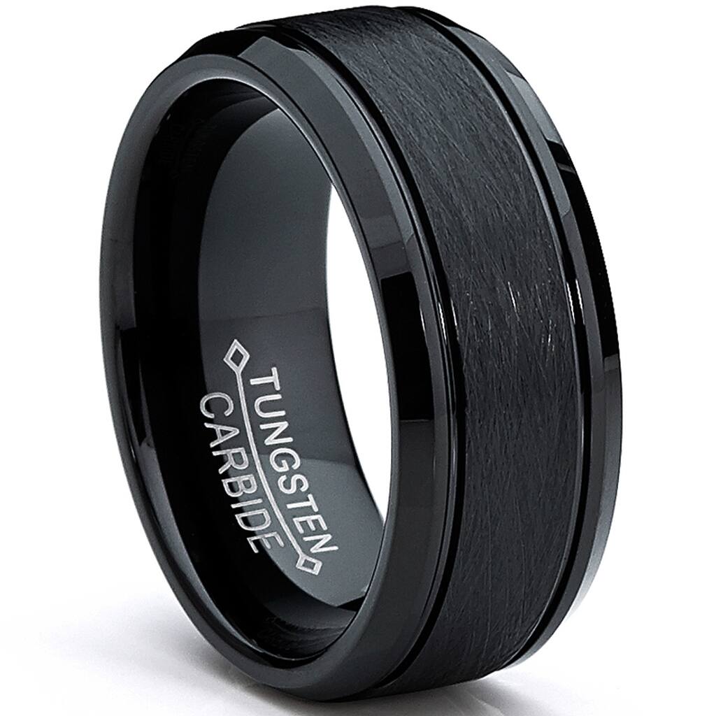 Tungsten Mens Black Brushed Textured Center Ring (8 mm)