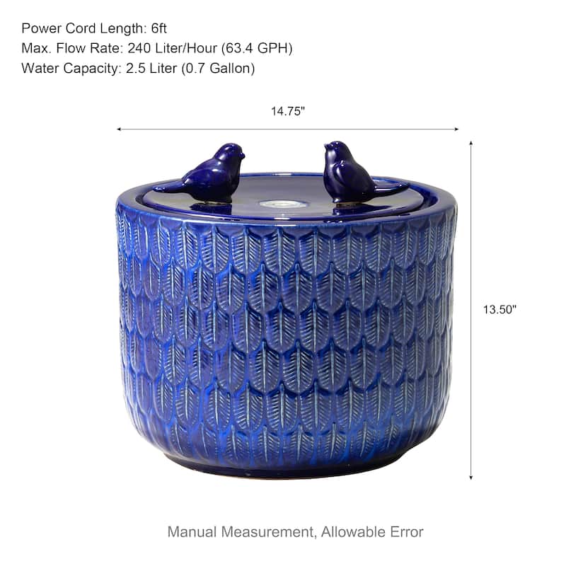Glitzhome 15"H LED Ceramic Birdbath Outdoor Fountain with Two Birds & Leaf Pattern
