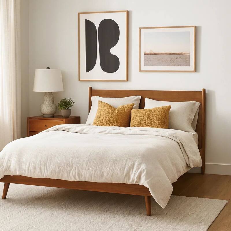 Ozzy King Size Bed with Slat Panel Design, Natural Acacia Wood Finish