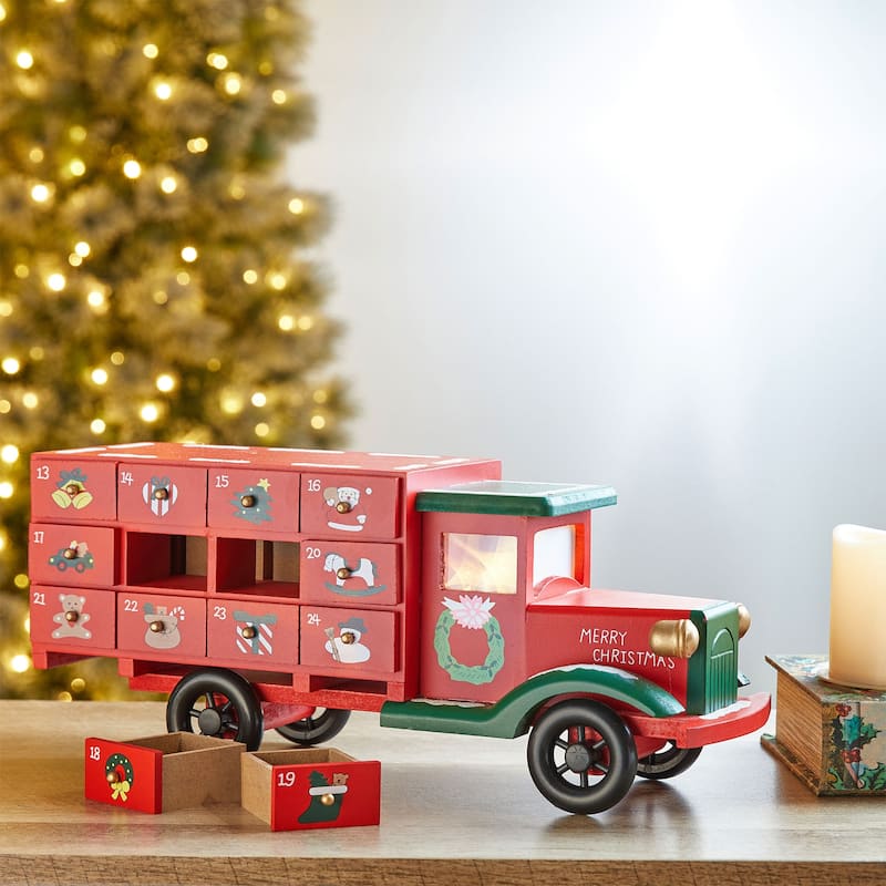 Glitzhome 14.5"L Wooden LED Christmas Truck Countdown Calendar Cute Gifts