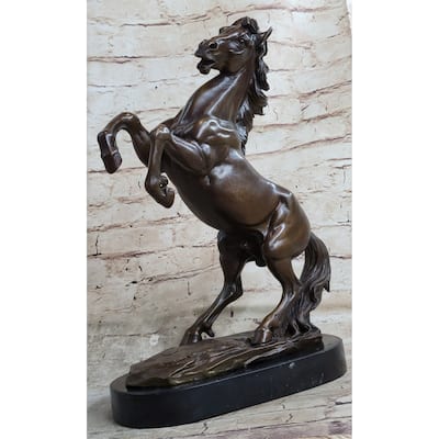 Rearing Stallion Horse Bronze Sculpture Statue Figure On Marble Base By Lecourtier