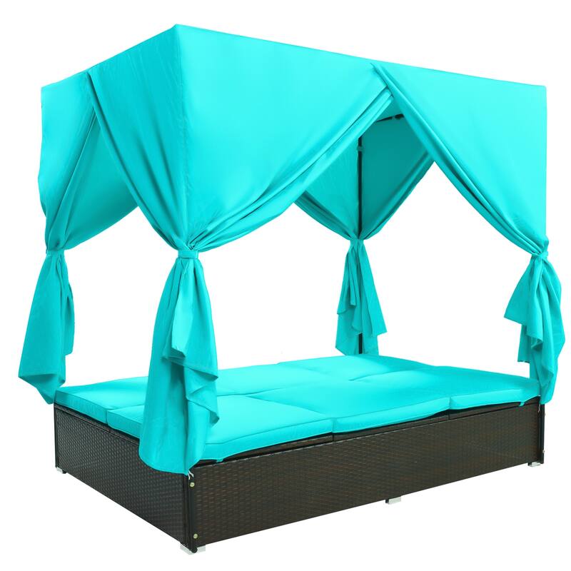 Outdoor Patio Wicker Sunbed Daybed with Cushions, Adjustable Seats - Blue