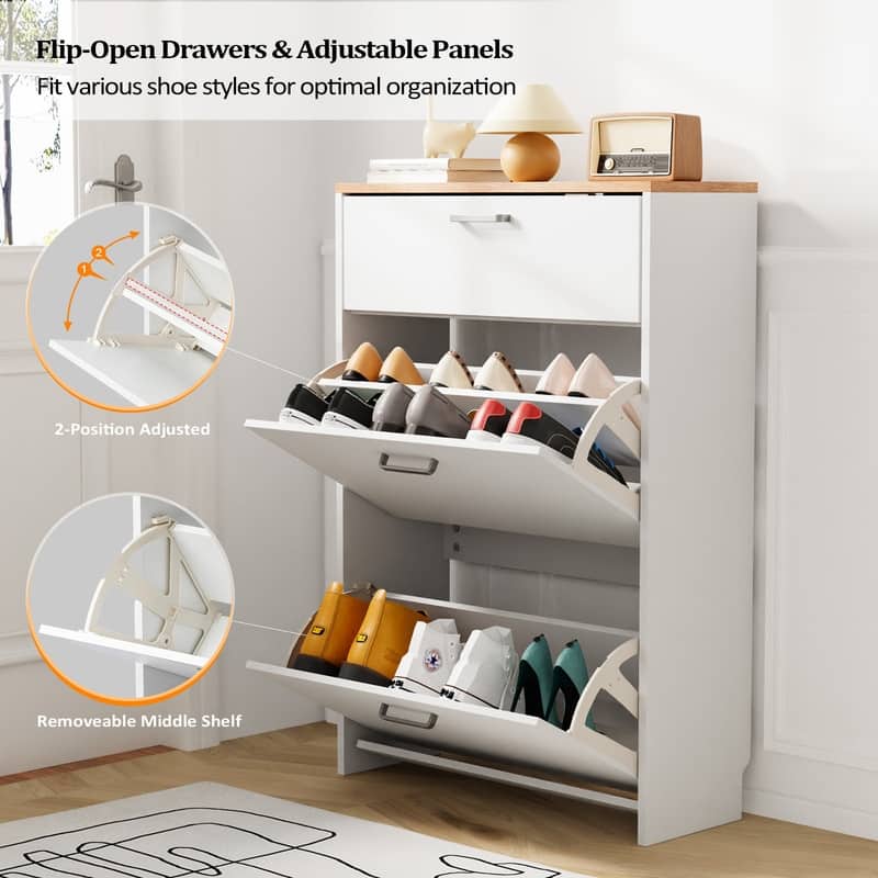 Hidden Shoe Cabinet with 3 Flip Drop-Down Door White & Oak