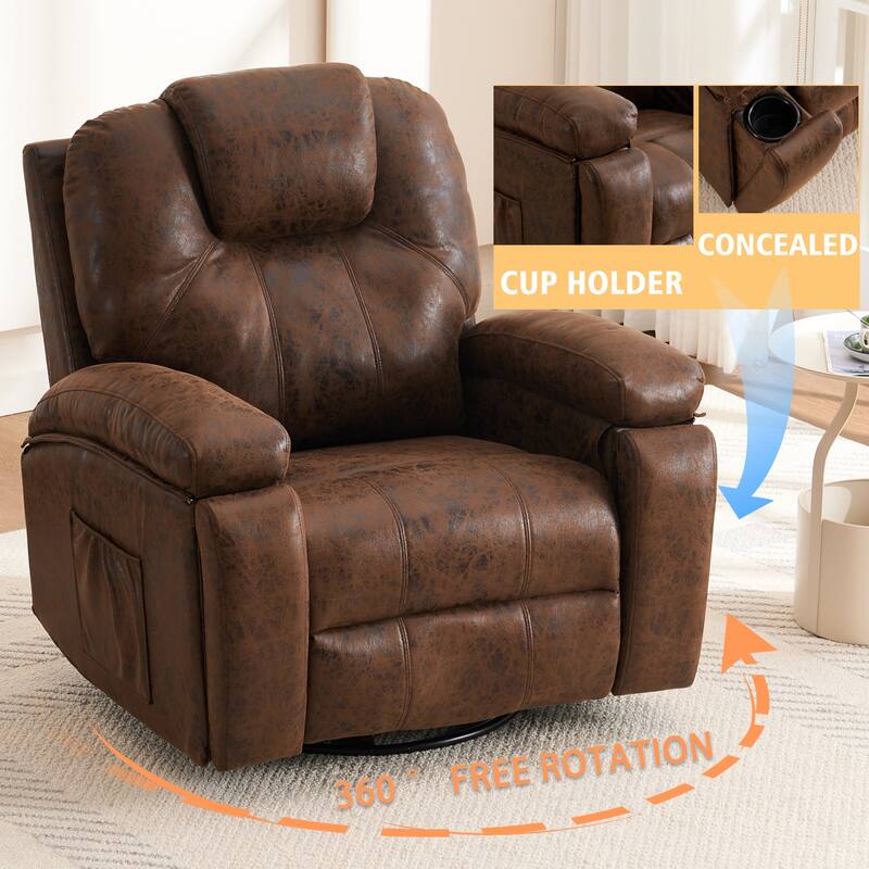 Oversize Swivel Recliner Sofa Chair with Cup Holder and Side Pocket