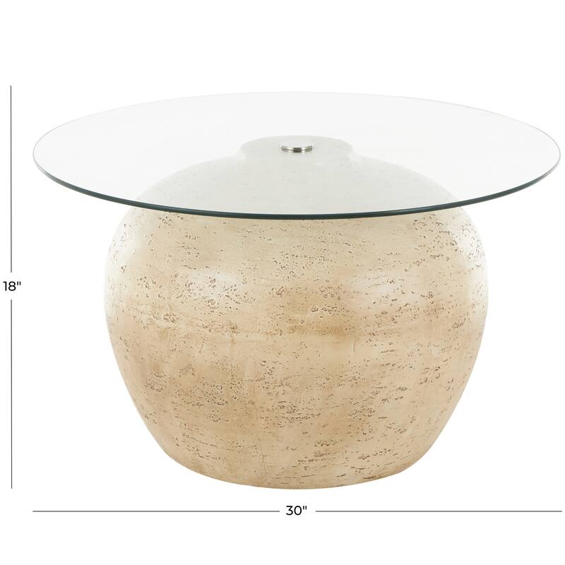 Beige Resin Wide Living Room Coffee Table with Glass Tabletop