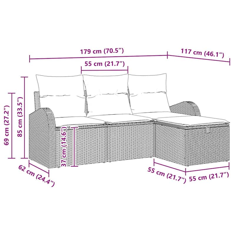 vidaXL 4 Garden Sofa Set with Cushions Black/Brown/Grey Poly Rattan - 70.5 x 46.1 x 27.2