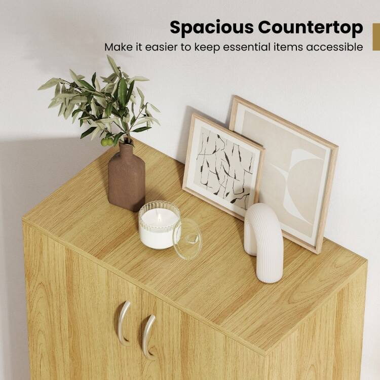 Oak MDF Wooden Shoe Cabinet with Double Doors, Shelves and Storage - 24" x 13" x 48"