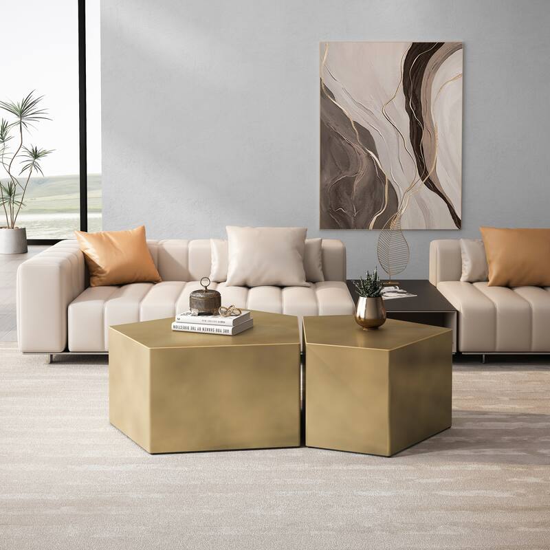 Pentagon Nesting Coffee Table Set, Geometric Center Table Set Set of 2, Irregular Wood Cocktail Table for Living Room - Antique Gold