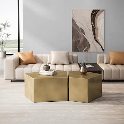 Pentagon Nesting Coffee Table Set, Geometric Center Table Set Set of 2, Irregular Wood Cocktail Table for Living Room