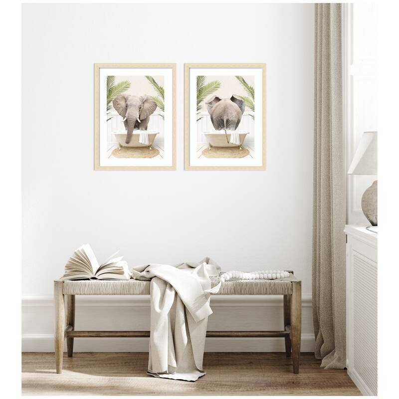 Kate and Laurel Elephant Palm Bathtub 2 Piece Framed Wall Art Print Set by Amy Peterson