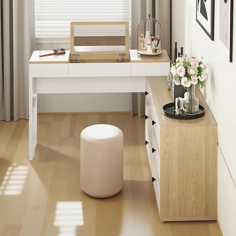 Home Office Storage Expandable Dresser Desk Combo With Flip-Top Makeup Mirror and 6 Storage Drawers