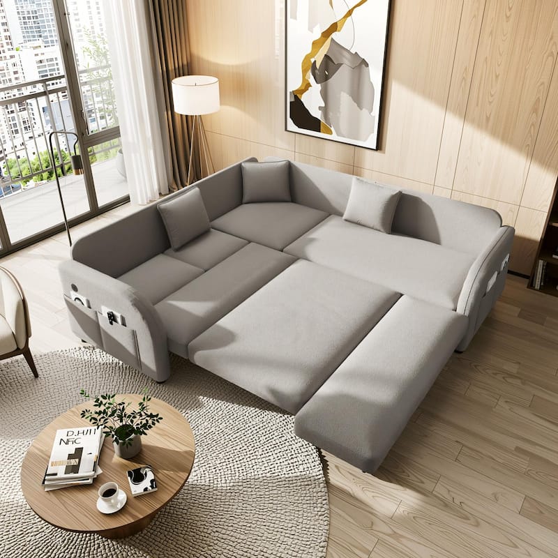 Homy Casa 85"/115" L-Shaped Sectional Sofa Bed USB & Side Pocket, Teddy Fabric Pull-Out Sleeper, Reversible Chaise, Multi Colors