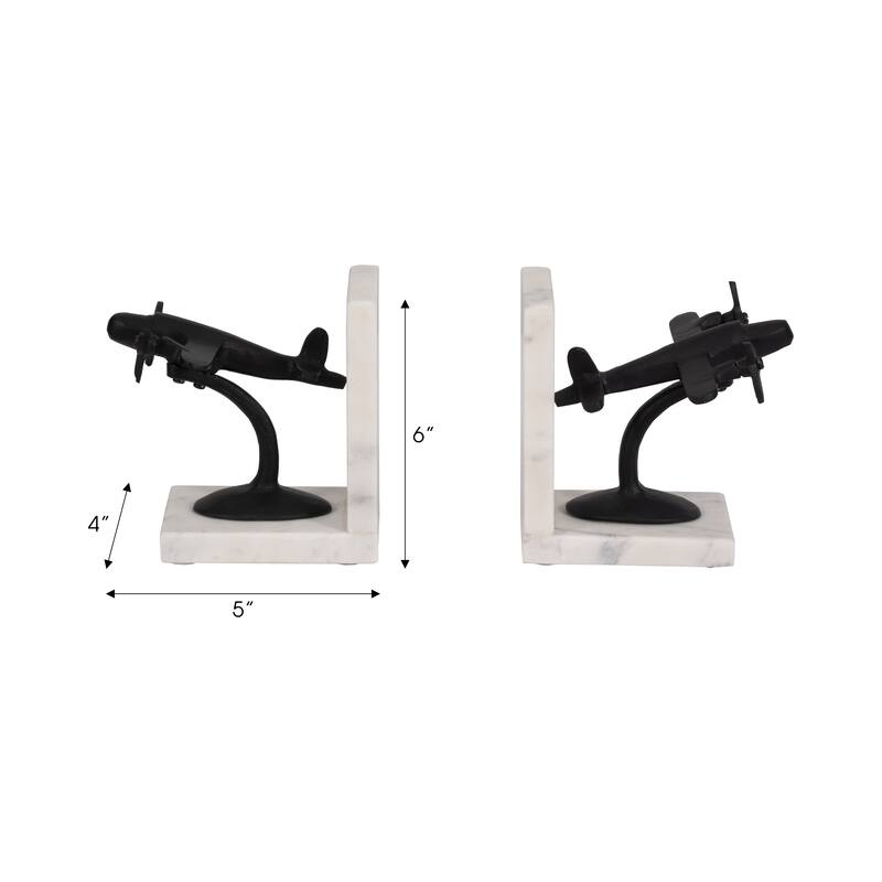 Decorative Airplane Bookends on Marble L-Shape Base - 6", Black &White - 6.25"