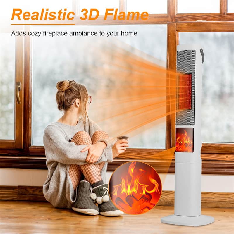 3D Flame Ceramic Tower Heater, 1500W Oscillating Space Heater with Remote