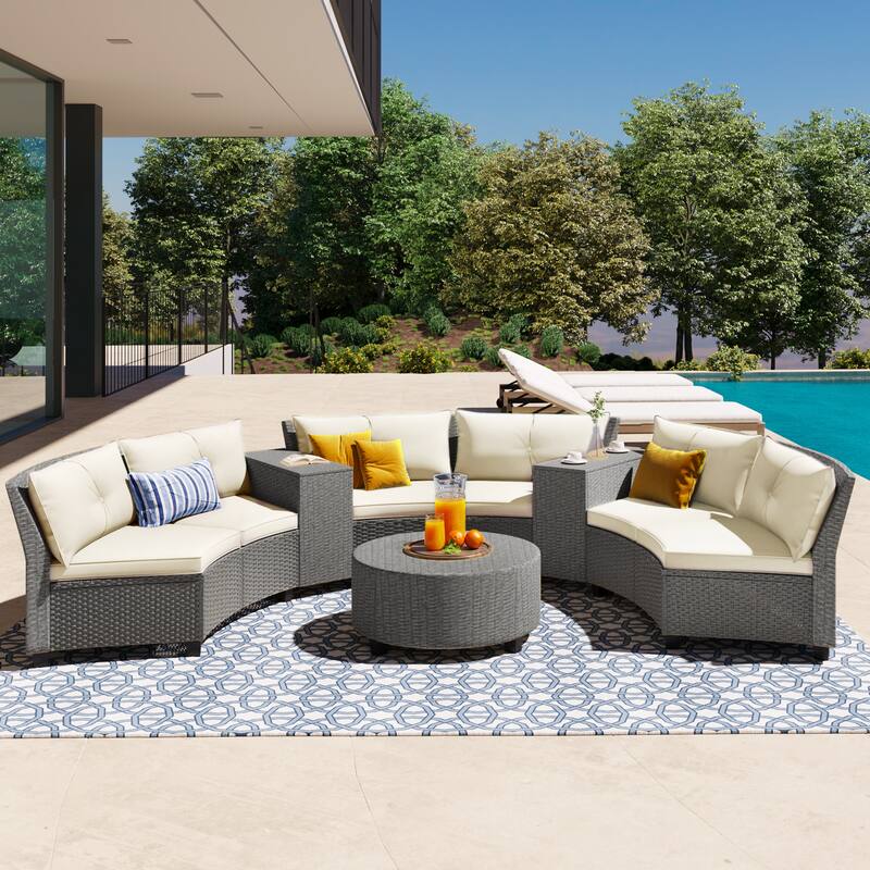 Fanshaped Rattan Outdoor Furniture Set with Cushions and Table, Sturdy Steel Legs, Comfortable