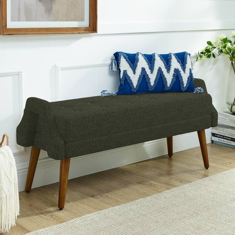 Roomfitters Modern Upholstered Bench with Looped Yarn Fabric, Geometric Armrests and Rubber Wood Legs for Bedroom or Entryway - Green